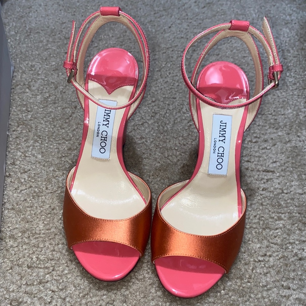 Jimmy Choo Miranda Orange and Pink Colorblock Peep Toe Strappy Heel